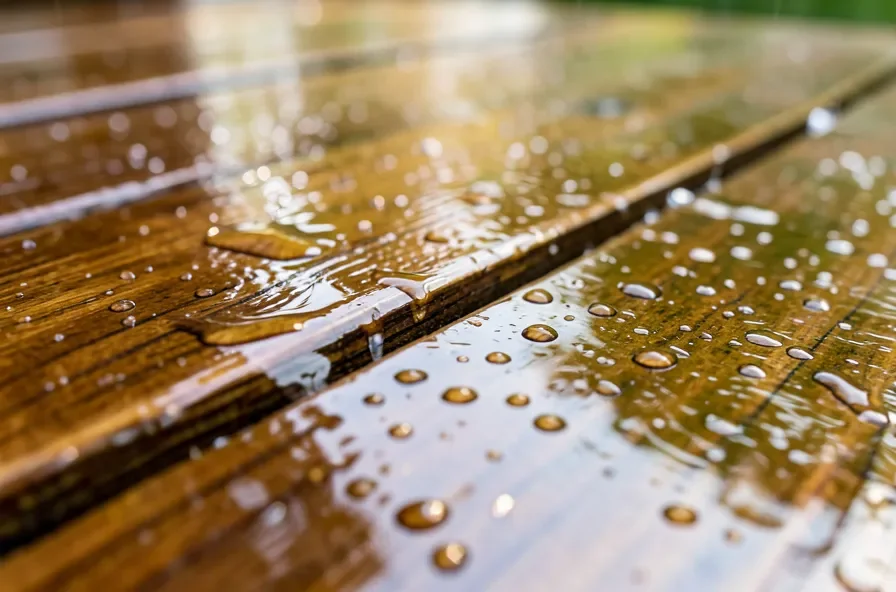 Close-up of water droplets beading on a freshly sealed outdoor wood deck board