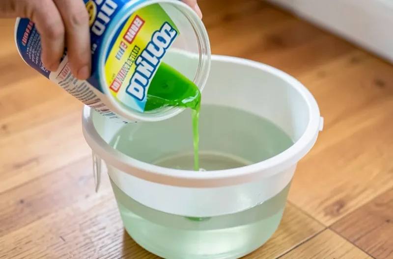 Diluting all-purpose cleaner in a bucket of water before mopping a wood floor