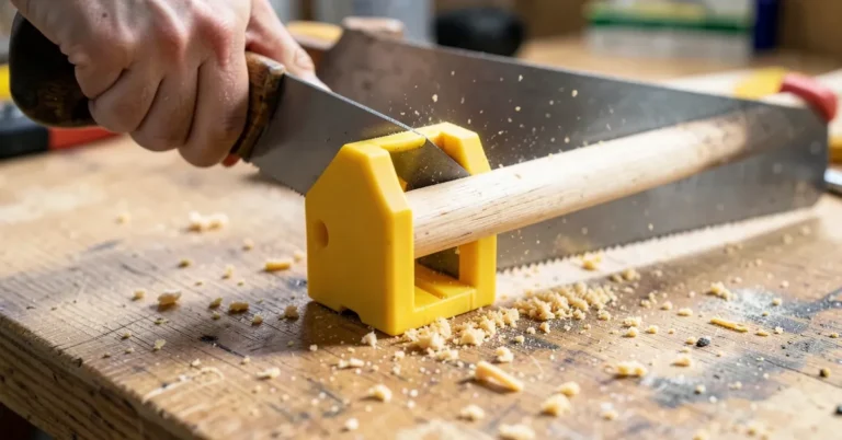 Wood dowel clamped in a miter box being cut with a backsaw