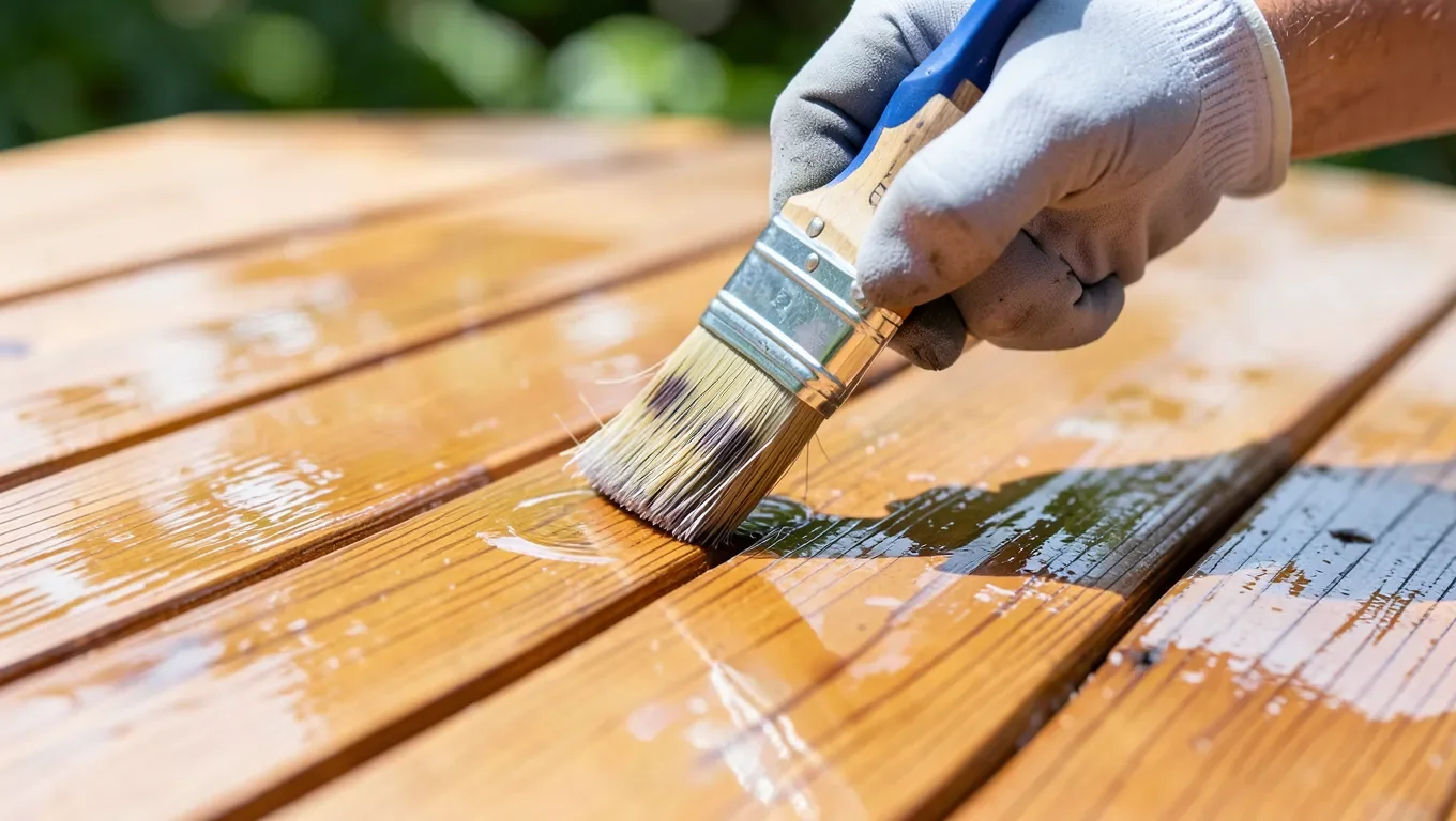 Gloved hand applying clear wood sealer to an outdoor deck plank with a paintbrush