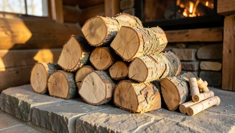 Split firewood stacked with natural fatwood fire starter sticks, a safe alternative to charcoal lighter fluid
