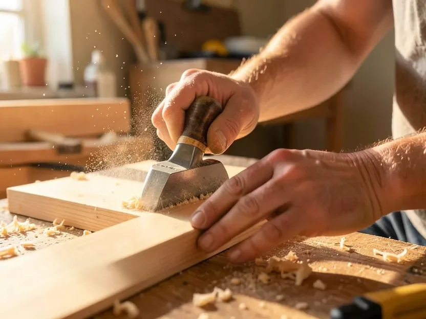 Woodworker hand-sanding a cedar board, releasing fresh wood shavings and scent