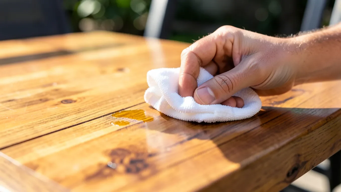Applying wood oil to an acacia wood outdoor table with a cloth
