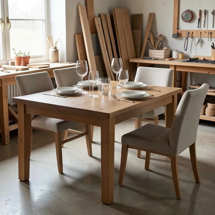 Wood dining table set with glassware and dinnerware, protected surface with a felt-padded chair beside it