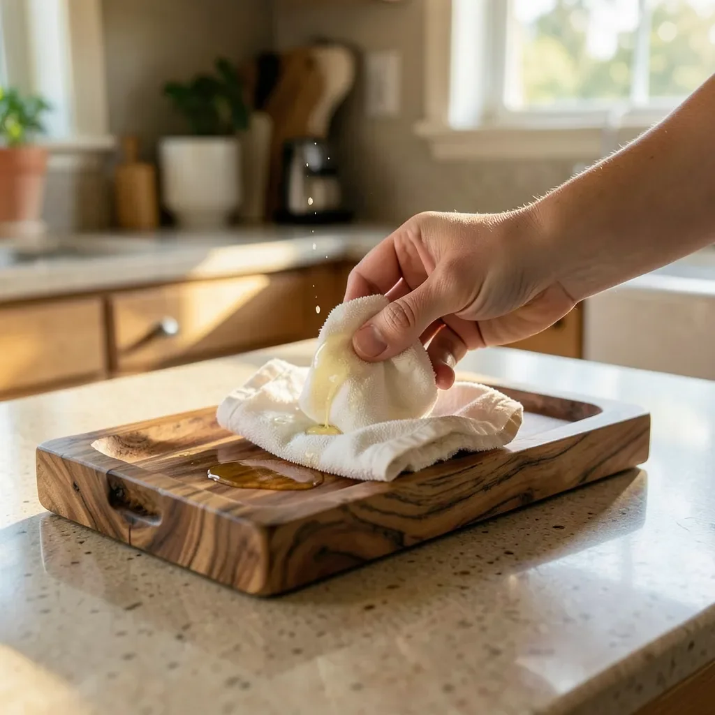 hand applying oil with a cloth to an acacia wood serving tray