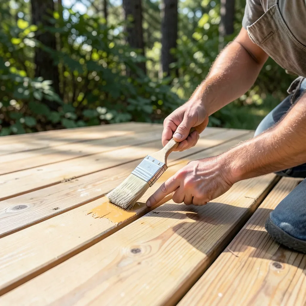 Applying sealant to outdoor fir wood decking