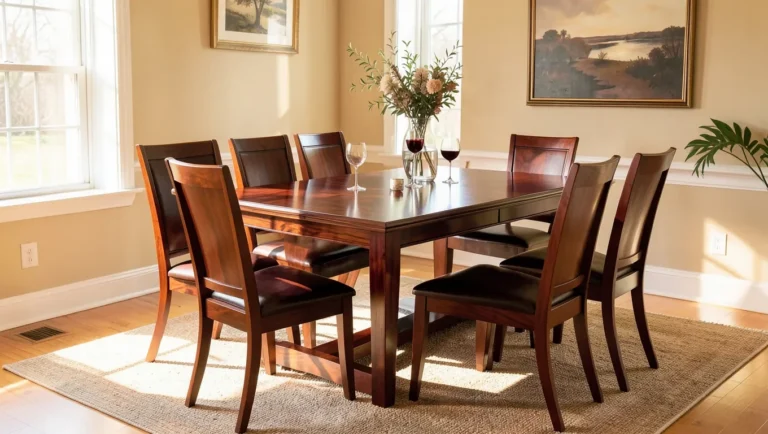 Solid mahogany wood dining table and chairs with rich reddish-brown grain in a sunlit dining room