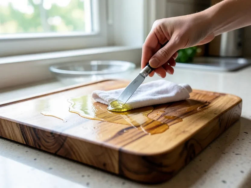 Applying food-safe mineral oil to an acacia wood cutting board