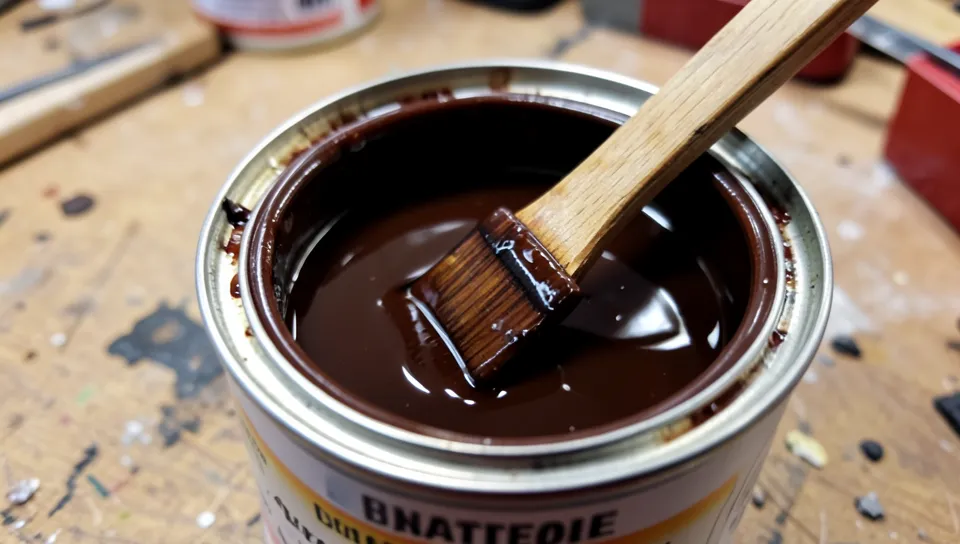 Open can of wood stain being checked for consistency with a stir stick