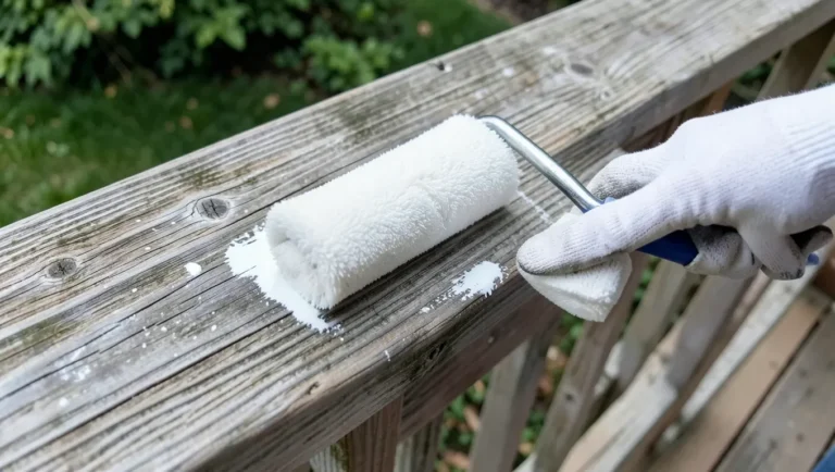 Rolling white primer paint over a water-sealed wooden deck railing before topcoat