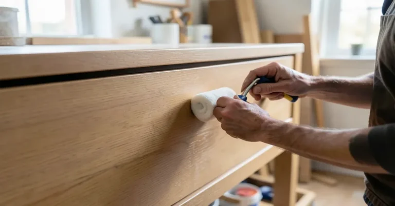 Applying paint with a foam roller to a veneer dresser drawer front