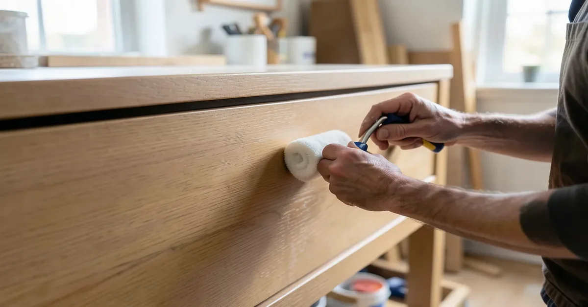 Applying paint with a foam roller to a veneer dresser drawer front