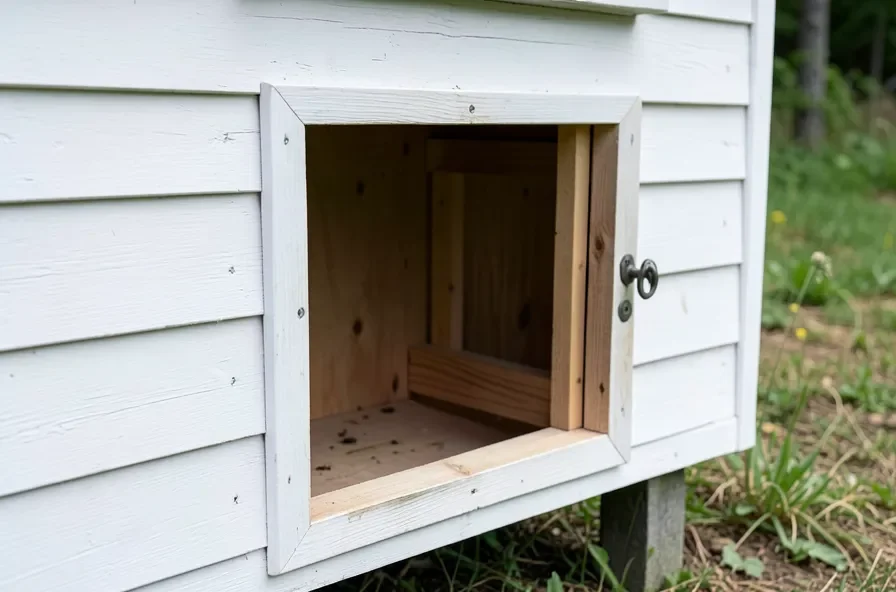 Rabbit hutch exterior painted white with the interior compartment left as bare unpainted raw wood
