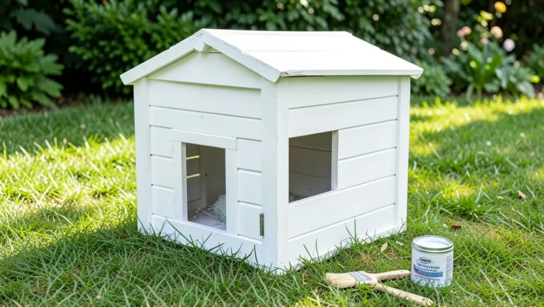 Wooden rabbit hutch with non-toxic white exterior paint