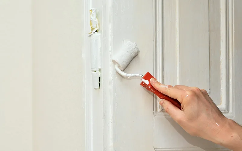 rolling white paint over a filled panel door with the hinge removed rolling white paint over a filled panel door with the hinge removed