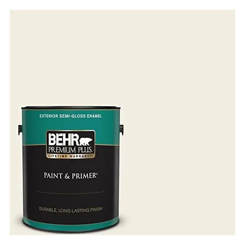 BEHR Premium Plus acrylic latex exterior paint, the topcoat type recommended for painted redwood siding