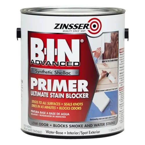 Zinsser B-I-N shellac-based primer, recommended for blocking tannin bleed on redwood and cedar