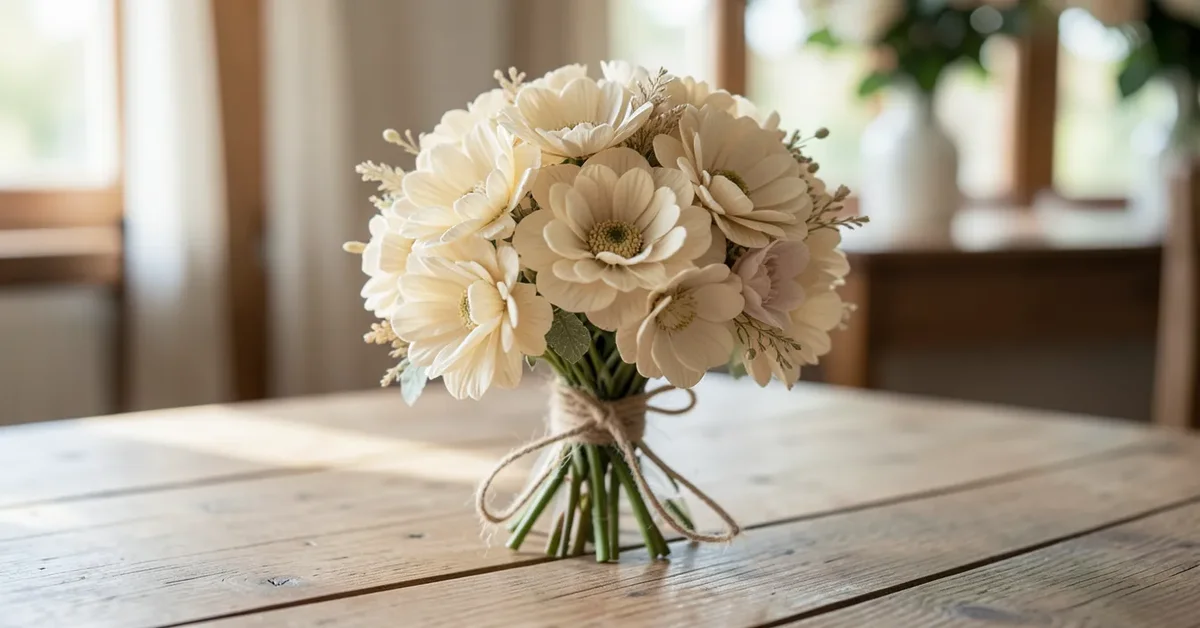 Rustic bouquet of pale cream sola wood flowers tied with twine