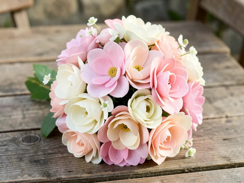 A bouquet of pastel dyed sola wood flowers in pink and cream tones