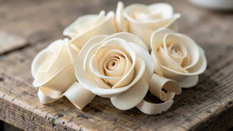 Close-up of handmade cream wood rose flowers made from curled wood shavings