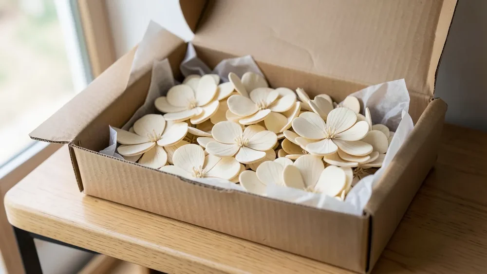 Sola wood flowers stored in an open cardboard box lined with tissue paper
