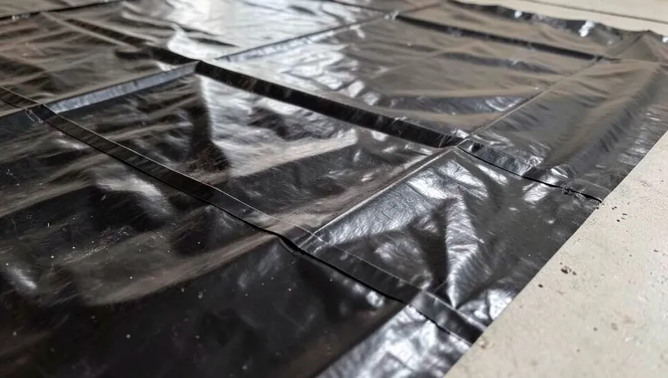 Black plastic vapor barrier sheet with taped seams laid over a bare concrete floor slab