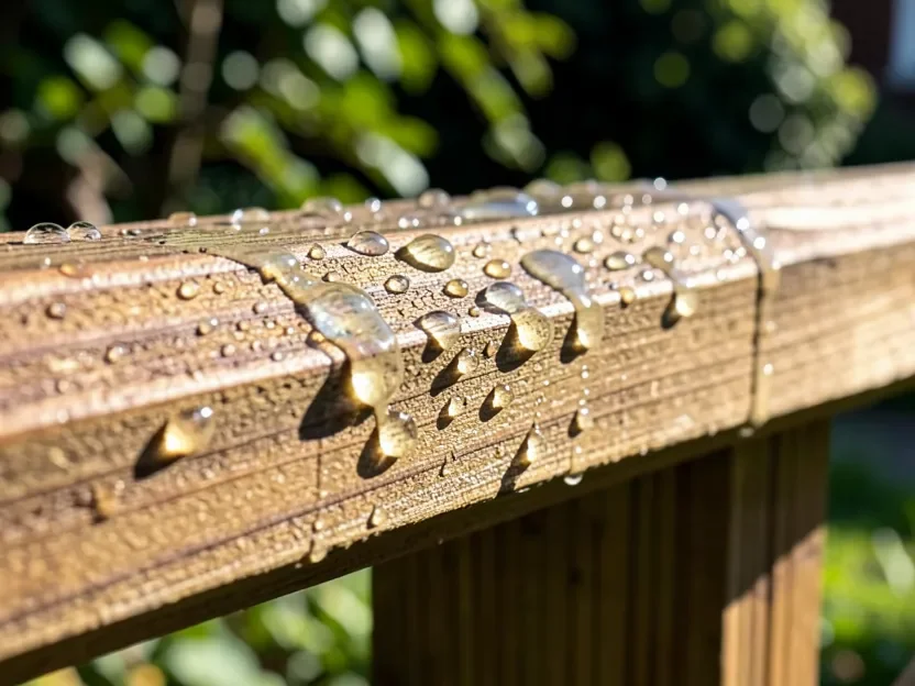 Water droplets beading on a sealed wood fence board, a quick test for whether the sealant is still hydrophobic