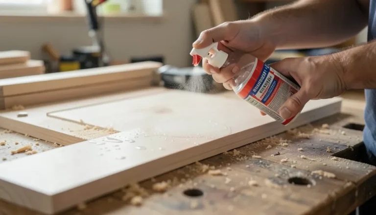 Woodworker spraying clean water onto bare sanded wood to water pop the grain before staining