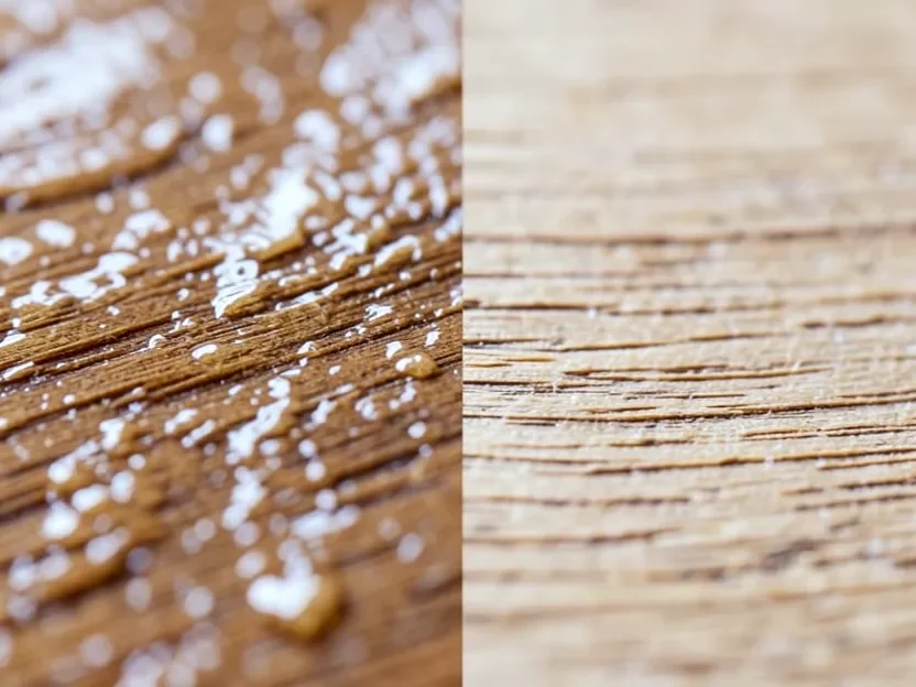 Close-up comparison of wet water-popped wood grain next to dry unpopped wood grain