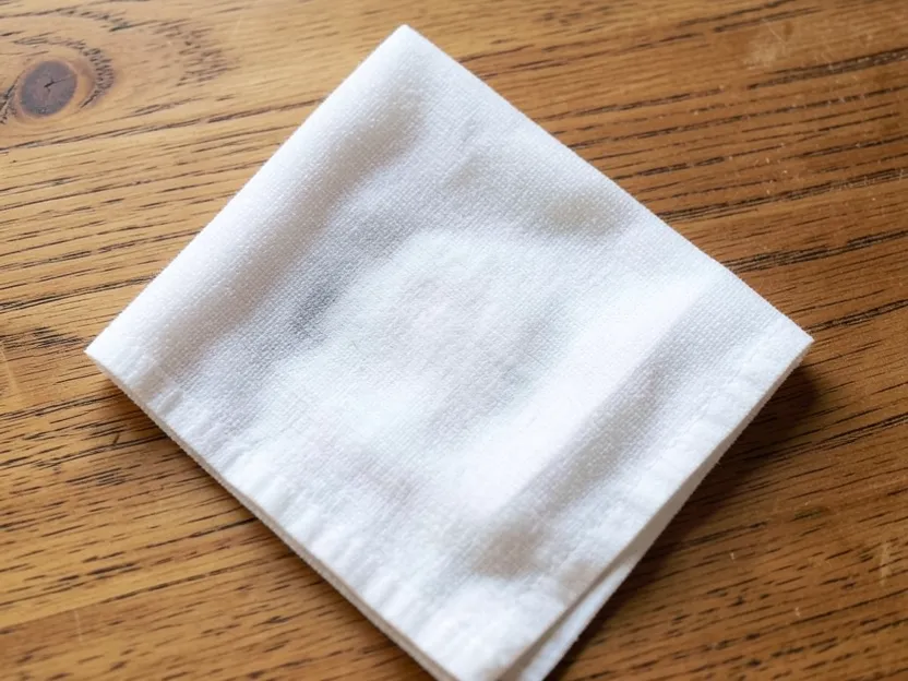 Wiping a wood table with a damp microfiber cloth