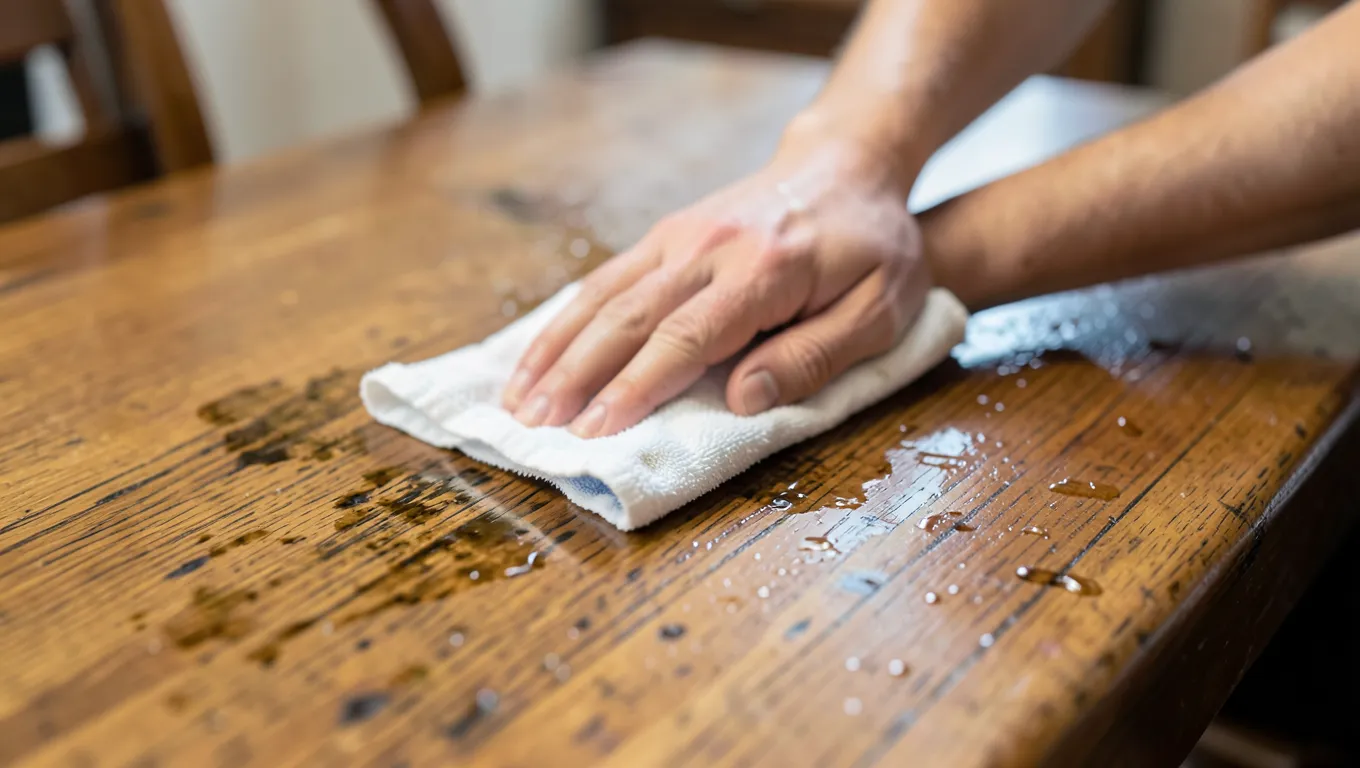 Cleaning a sticky wood table surface with a cloth