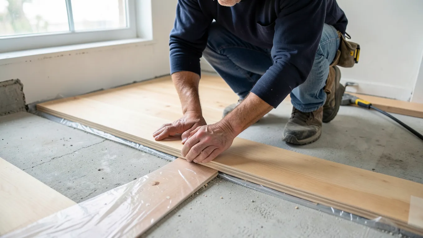 A worker installing engineered wood flooring planks over a concrete slab with a vapor barrier