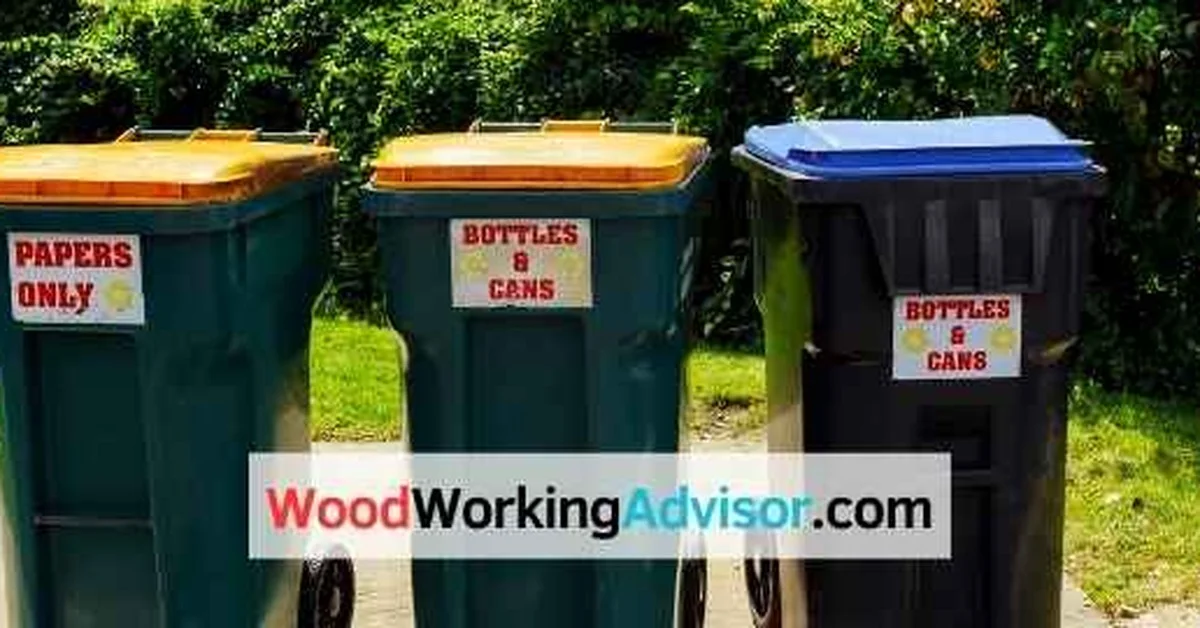 Green recycling bins showing where untreated wood scraps versus bottles and paper go