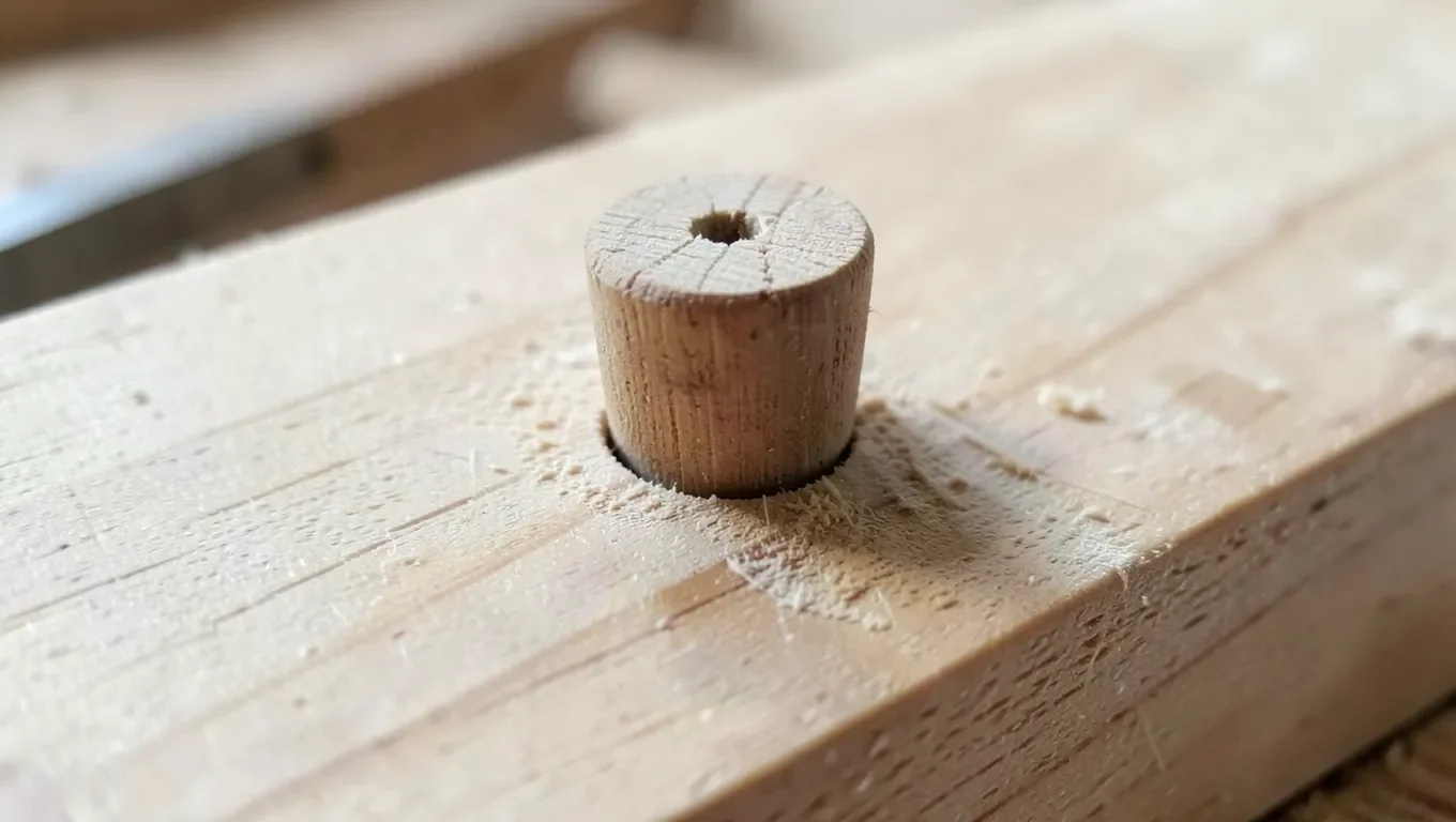 A wood plug tapped into a countersunk screw hole, ready to be sanded flush