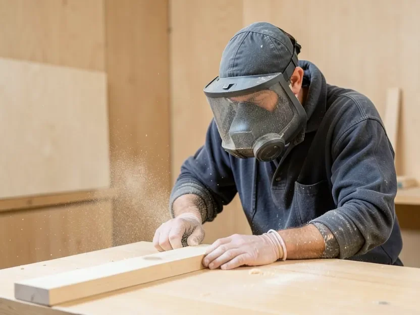 Woodworker wearing a respirator dust mask while sanding a board, with visible sawdust in the air