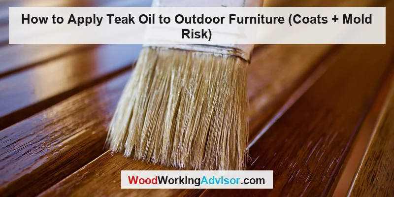 Paintbrush applying teak oil finish to outdoor wood furniture