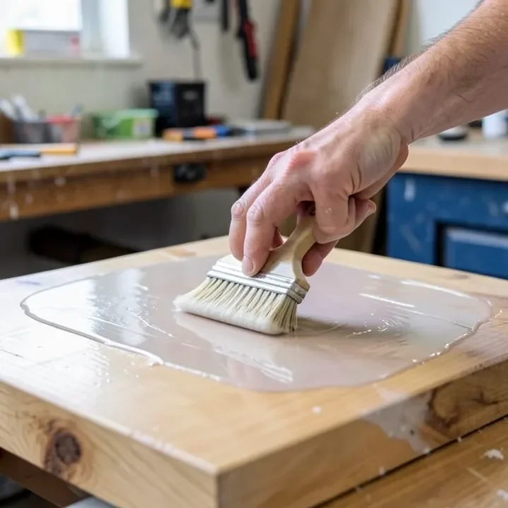 Brushing polyurethane onto a wood tabletop with a foam brush