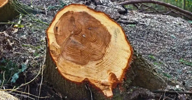 Freshly cut tree stump showing wet end grain and growth rings - freshly cut green wood