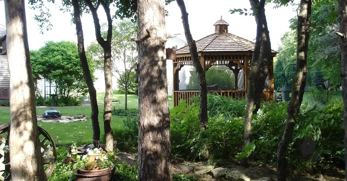Cedar wood gazebo with wood shingle roof in a backyard garden
