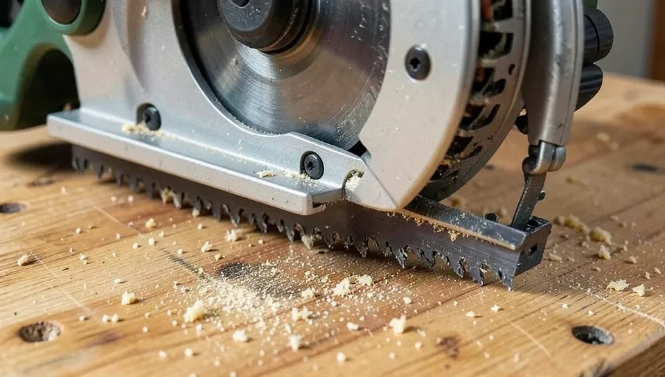 Retractable lower blade guard pulled back on a circular saw exposing the blade teeth
