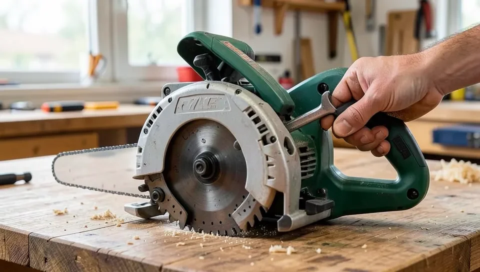 Hand using a wrench on a circular saw while pressing the spindle lock button to change the blade