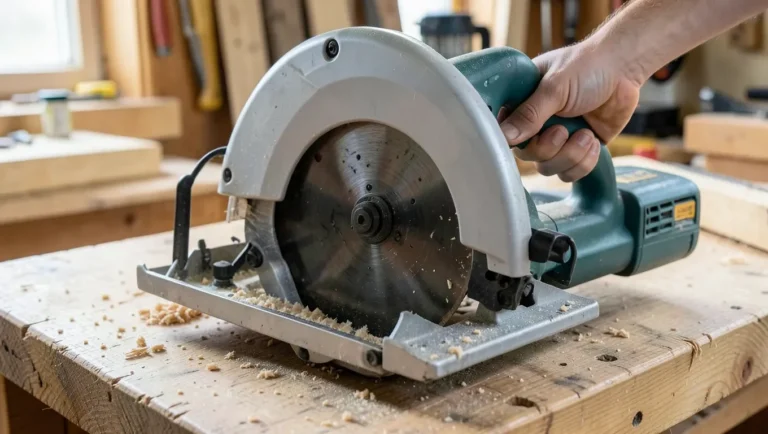 Corded circular saw resting on a wood workbench with the blade guard retracted, exposing the blade