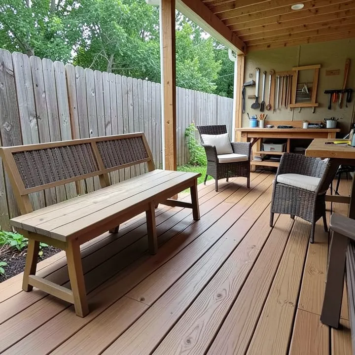 backyard deck with bench seating and outdoor furniture, comparing composite and wood decking surfaces