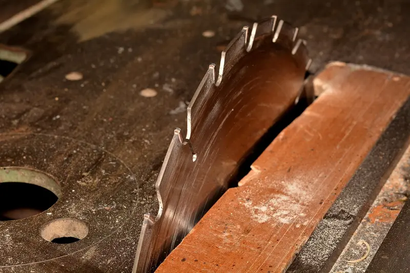 Table saw blade cutting through a plywood board