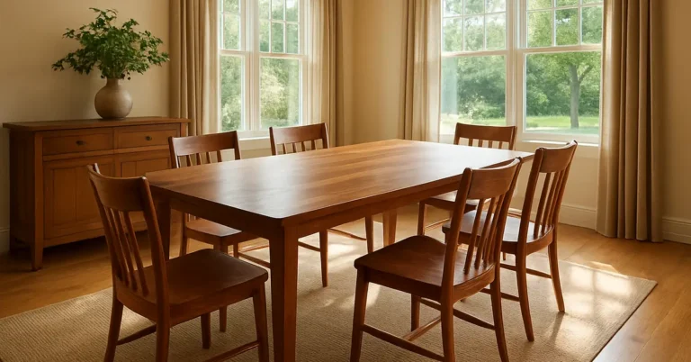 Sunlit dining room with a solid wood dining table and matching wooden chairs