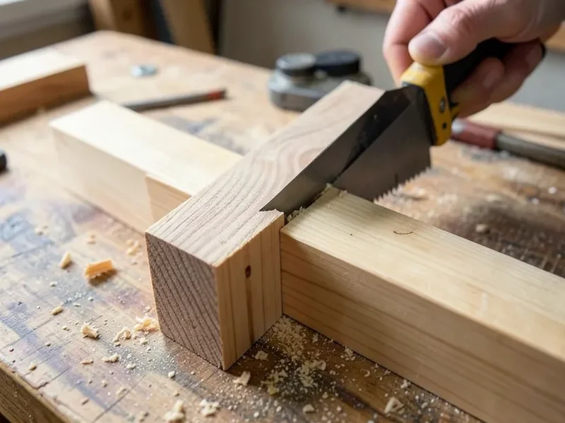 A hand saw cutting a marked 45-degree angle on trim
