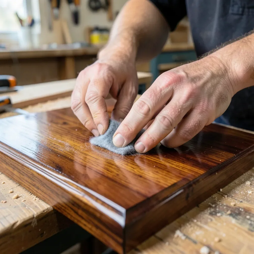 Hands using steel wool to dull a glossy wood finish