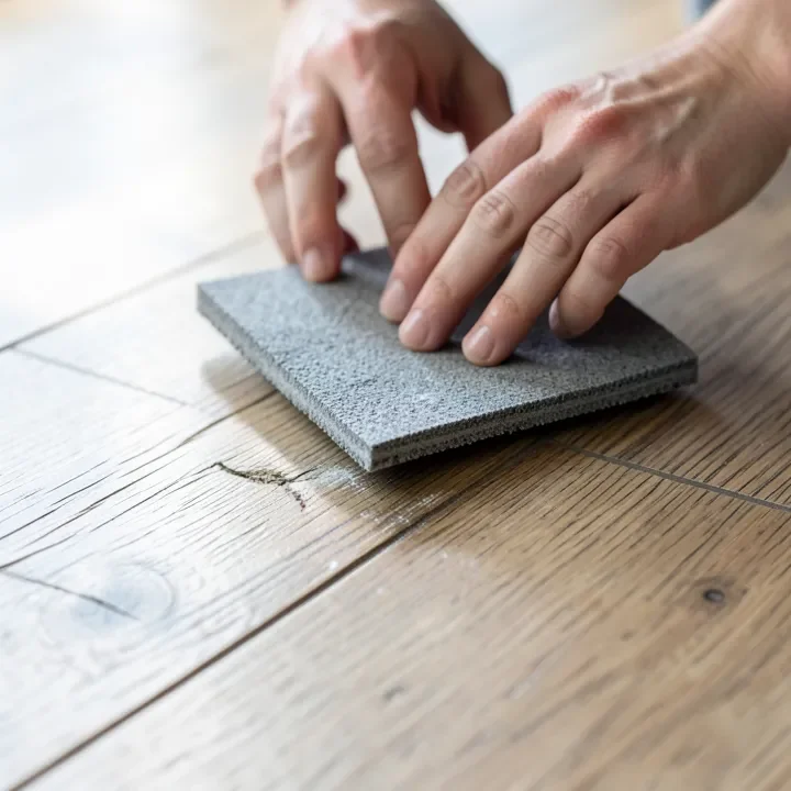 Hands buffing a scratch on vinyl plank flooring with an abrasive pad