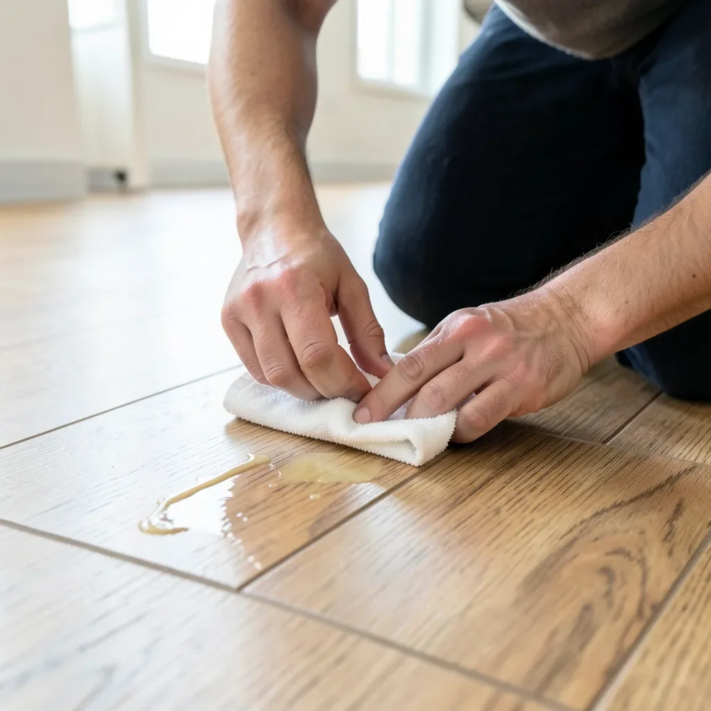 Person applying wax to repair a scratch on vinyl plank flooring