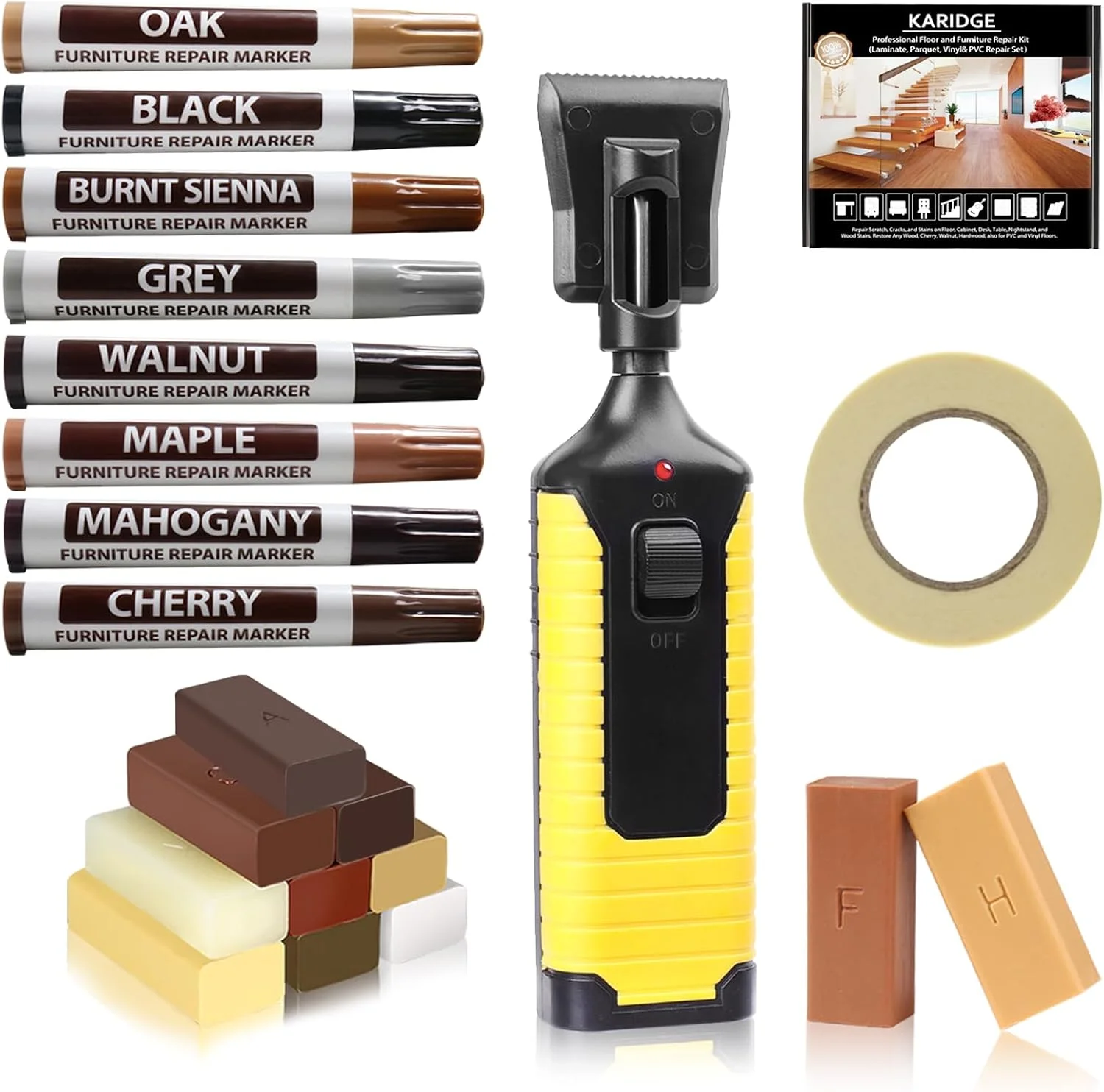 Laminate and vinyl floor repair kit with heat pen and 11 color wax sticks